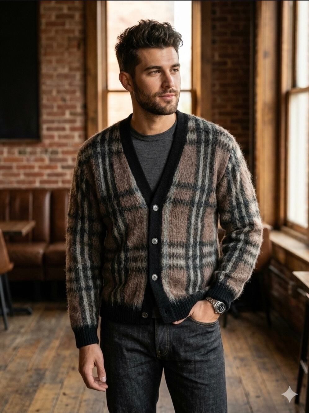vintage Alps 100% Virgin wool knit cardigan Shaggy eclectic grandpa plaid medium
